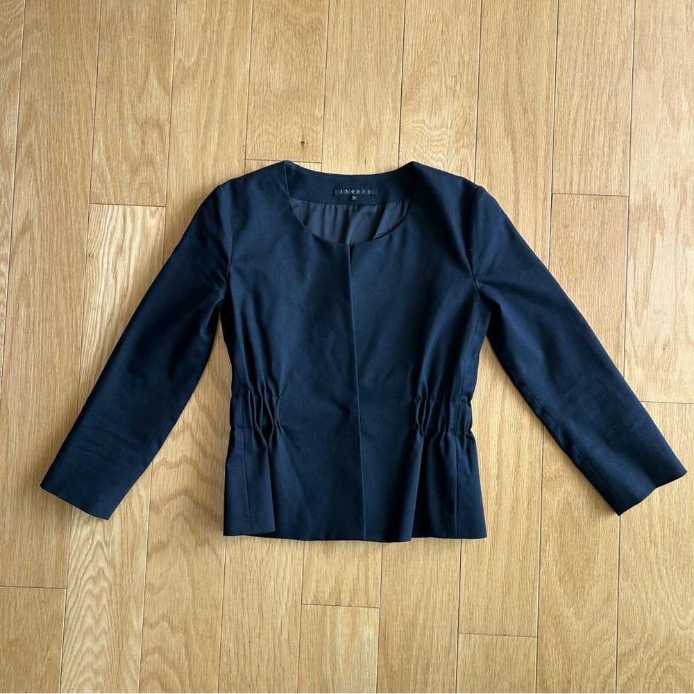Theory Black Cinched Waist Blazer Jacket Cotton Wool Viscose Blend Single Button